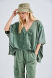 Mineral Washed Doily Boho Pancho Vneck top HT6680: Olive