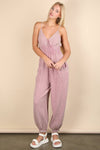 NP70837-Mineral Washed Cotton Gauze Casual Jumpsuit: SAGE / S-M-L/2-2-2
