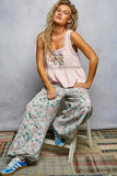 Double Gauze Floral Shirring Square Neck Sleeveless Top: OFF WHITE / S