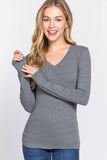 Basic Solid Long Sleeve V Neck Top: BLACK / 2-2-2 (S-M-L)