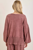 Mineral Washed Ribbed Vneck Bishop sleeve blouse HT5042P1: HotCocoa / S-M-L / 2-2-2
