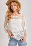 BOHO SHEER CROCHET 3/4 SLEEVED TOP WITH NO LINING: NATURAL / S