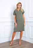 Short dress in 100% linen REF.3141: Khaki / Unique