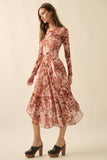Floral Mesh Fit-and-Flare Boat-Neck Midi Dress: BROWN / S
