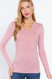 Basic Solid Long Sleeve V Neck Top: MOCHA MOUSSE / 2-2-2 (S-M-L)