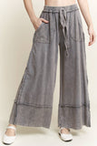 MineralWash Wide Pants with raw hem frayed details HP5536: Natural / S-M-L / 2-2-2