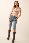 Floral-Print Mesh Long-Sleeve Thumbhole Top: Natural / L