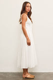BASQUE WAIST FRAYED EDGE TIERED DRESS: OFF WHITE / S