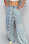 Lace-overlay waistband detail contrast denim woven pants: DENIM MULTI / S