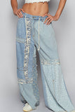 Lace-overlay waistband detail contrast denim woven pants: DENIM MULTI / S