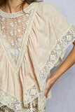 Lace Trim V Ruffle Detail Textured Woven Short Sleeve Top: ALMOND / M