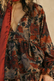 Floral-Print Tiered Ruffle Long-Sleeve Midi Dress: RETRO BLUE / L