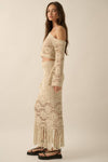 Crochet-Knit Lace Fringe Maxi Skirt: NATURAL / M