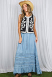 Ruffle Frayed Hem Chambray Casual Western Maxi Skirt VS83151: Washed Denim / S