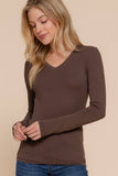 Basic Solid Long Sleeve V Neck Top: CELADON GREEN / 2-2-2 (S-M-L)