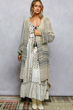 V-Neck Solid Stripe Linen Long Sleeve Cardigan: NATURAL MULTI / M