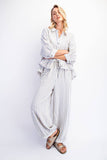 STRIPE SOFT WASH LINEN BLENDED PANTS: Black/Natural / S-M-L(2-2-2)