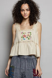 Double Gauze Floral Shirring Square Neck Sleeveless Top: TAN TOFFEE / L
