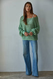 W1106 | Sweater Knit Crochet Round Neck Long Sleeve Top: Jade Green / Medium