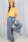 Flared Ruffle Hem Washed Chambray Crop Denim Pants VP83186: Black Denim / M