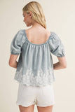 SQUARE-NECK DENIM TOP WITH LACE DETAIL: LT.DENIM / M