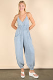 NP70837-Mineral Washed Cotton Gauze Casual Jumpsuit: SAGE / S-M-L/2-2-2