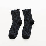 Vintage Embossed Floral Ruffle Cuff Mid Calf Socks: Yellow / M