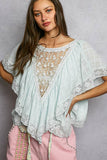 Lace Trim V Ruffle Detail Textured Woven Short Sleeve Top: PALE BLUE / L