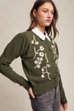 Floral Embroidered Puff Sleeve Cardigan: Tiramisu / S