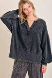 Mineral Washed Ribbed Vneck Bishop sleeve blouse HT5042P1: Ashed Black / S-M-L / 2-2-2