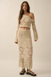 Crochet-Knit Lace Fringe Maxi Skirt: NATURAL / S