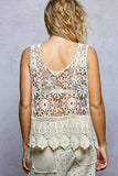 Round Neck Sleeveless Crochet Scalloped Opening Top: NATURAL / Os
