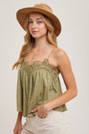 CROCHET CONTRAST CAMISOLE TOP: ALMOND / M