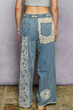 Drawstring floral patch denim pants: Black / L