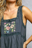 Double Gauze Floral Shirring Square Neck Sleeveless Top: TAN TOFFEE / S