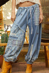 Floral print patchwork twill joger pants: DENIM / S