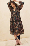 Floral-Print Tiered Ruffle Long-Sleeve Midi Dress: RETRO BLUE / L