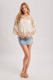 BOHO SHEER CROCHET 3/4 SLEEVED TOP WITH NO LINING: NATURAL / M
