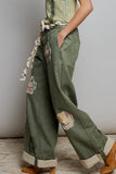 Floral Patchwork Rolled-up Denim Straight Pants: DENIM / S