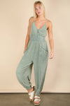 NP70837-Mineral Washed Cotton Gauze Casual Jumpsuit: SAGE / S-M-L/2-2-2