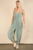 NP70837-Mineral Washed Cotton Gauze Casual Jumpsuit: SAGE / S-M-L/2-2-2