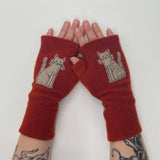 Fingerless Cashmere Gloves-Cat: Black on Rust / One Size Fits Most