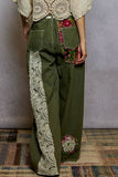 Drawstring floral patch denim pants: OLIVE / S