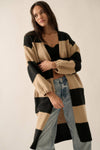 Striped Knit Open-Front Duster Pocket Cardigan: Black-Taupe / L