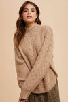 TEXTURED CABLE KNIT HIGHNECK SWEATER: OLIVE / L