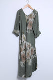 Flowy floral linen dress with 2 pockets 14945: 100% linen / Khaki / One size