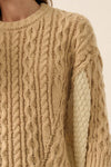 Colorblock Round-Neck Cable-Knit Oversize Sweater: Sand / S