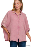 Washed Double Gauze Button Down Half Sleeve Shirt: DUSTY TEAL / 3-3 (S/M-L/XL)