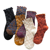 Vintage Embossed Floral Ruffle Cuff Mid Calf Socks: Yellow / M