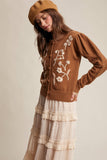 Floral Embroidered Puff Sleeve Cardigan: Tiramisu / L